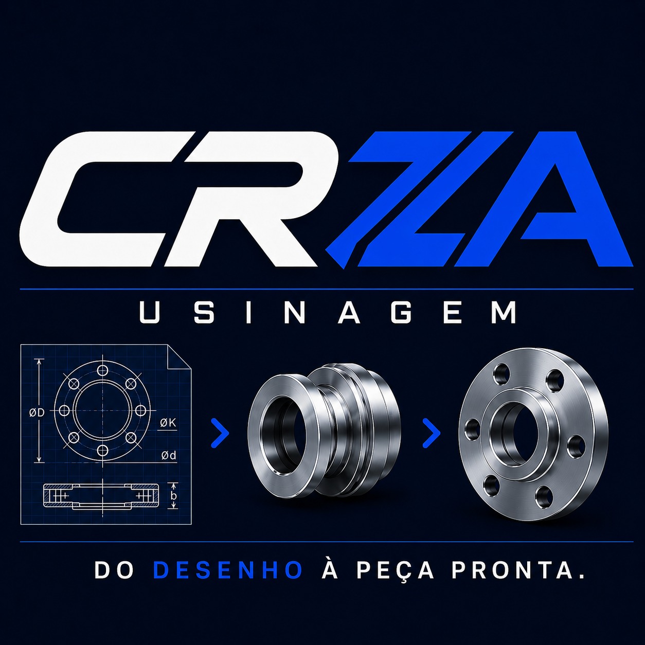 Ilustração da transformação do desenho técnico em peças usinadas, com o slogan Do desenho à peça pronta